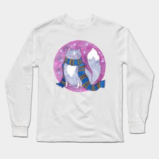 Smart Witch Cat in a Blue and Bronze Scarf Long Sleeve T-Shirt
